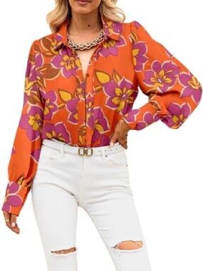 BTFBM Orange Floral Puff Sleeve Button Blouse XL Retro Chic